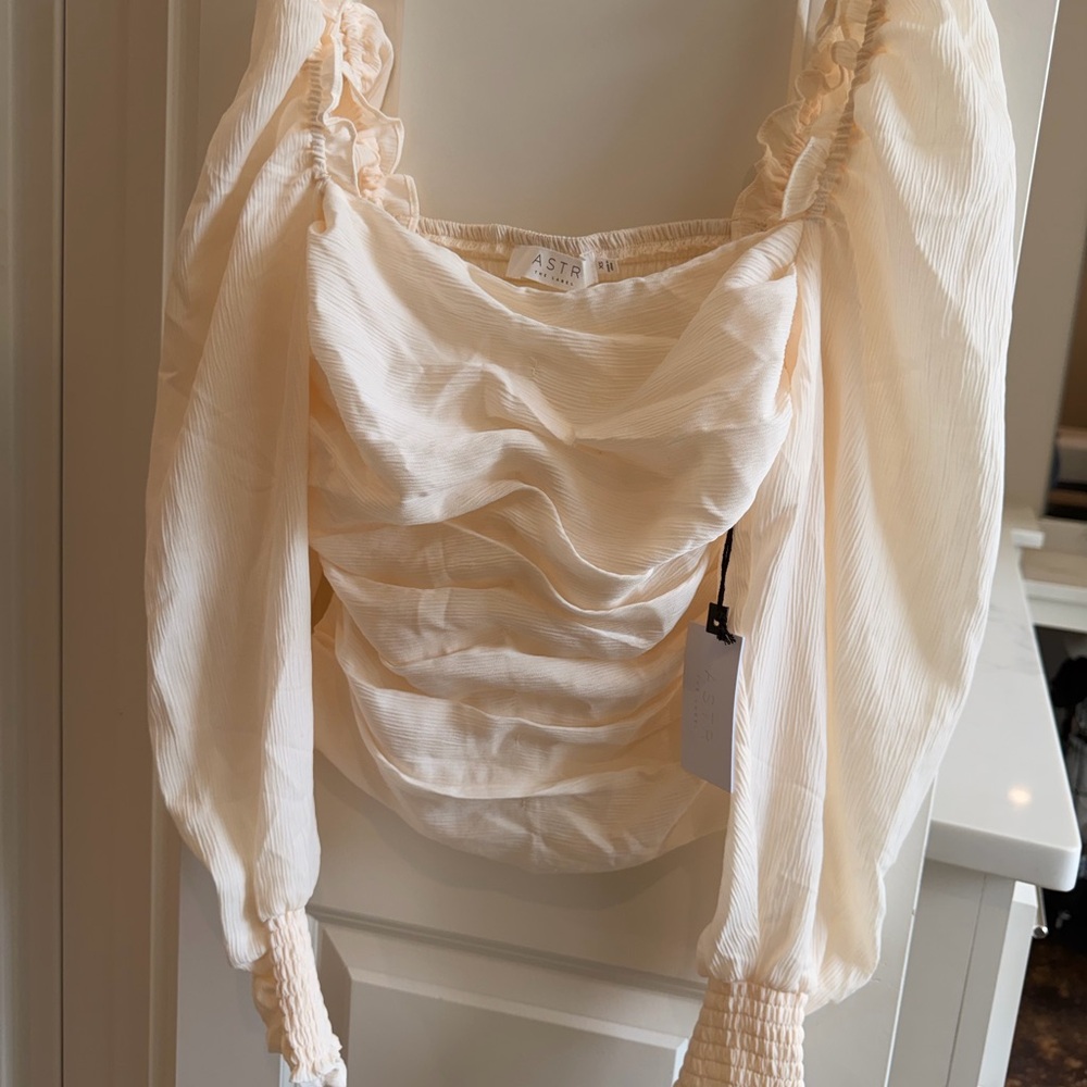 Astr Cream Ruched Square-Neck Long Sleeve Blouse